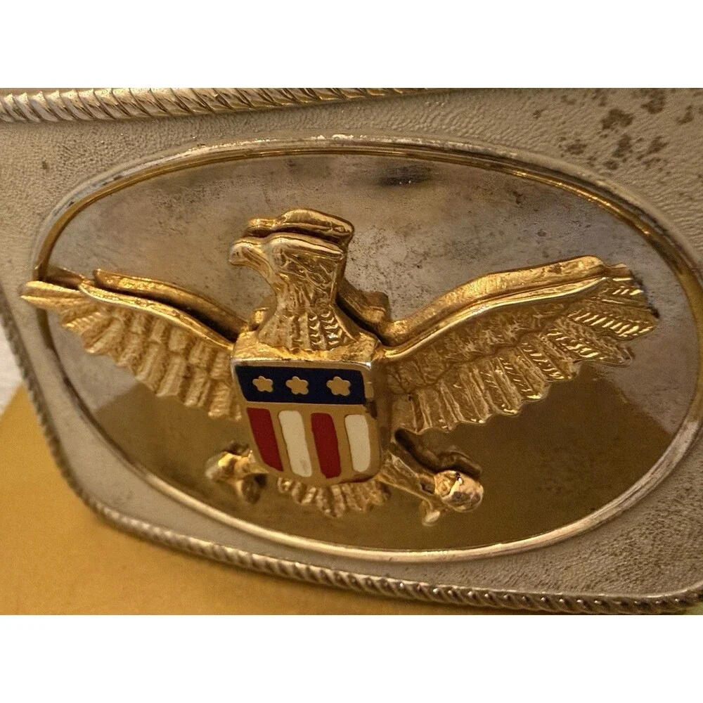 Vintage USA Eagle Belt Buckle Red White Blue Stars Shield Rope Edge Patriotic